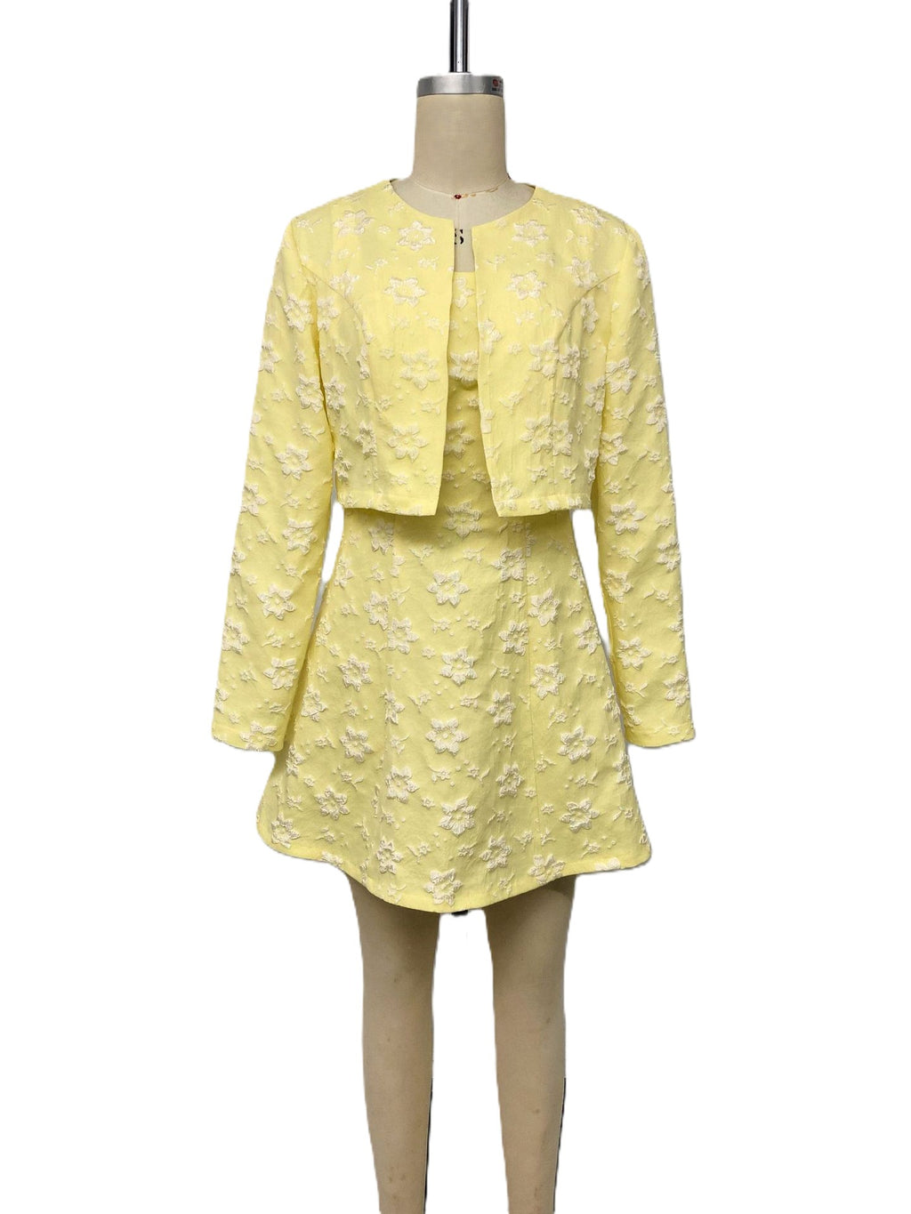 Yellow Floral Jacquard Mini Dress With Cropped Jacket - Yellow - 1