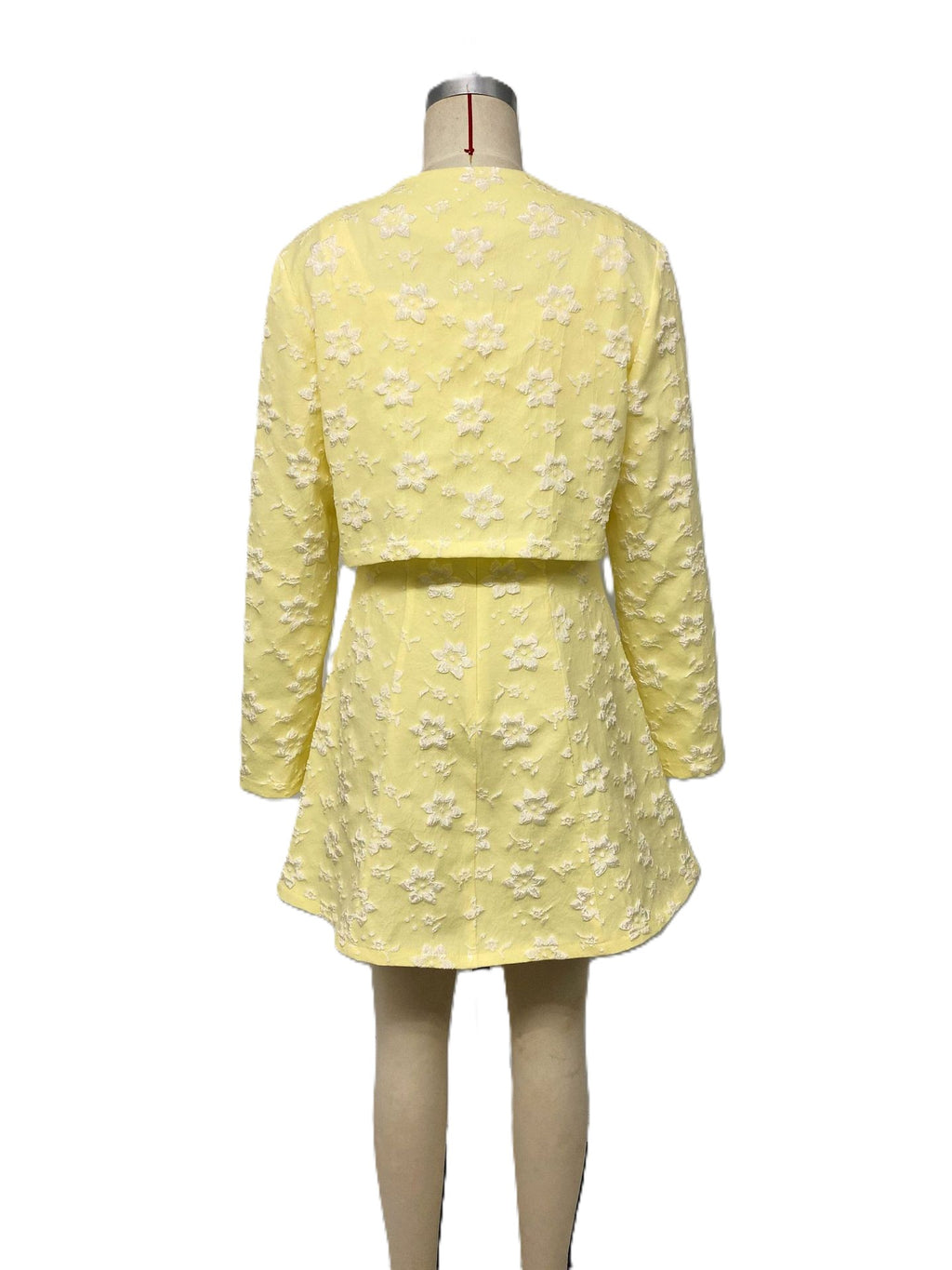 Yellow Floral Jacquard Mini Dress With Cropped Jacket - Yellow - 2