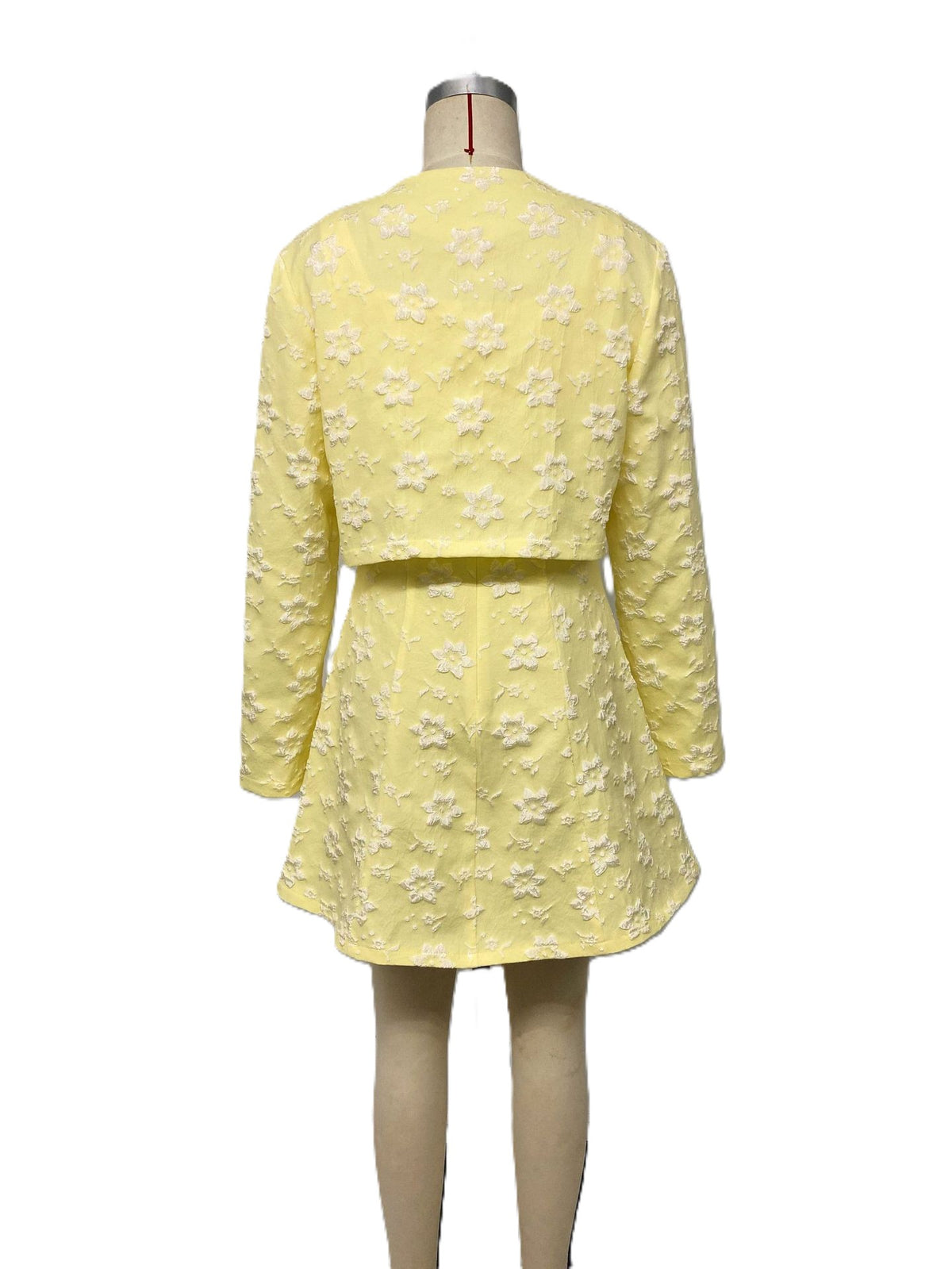 Yellow Floral Jacquard Mini Dress With Cropped Jacket - Yellow - 2