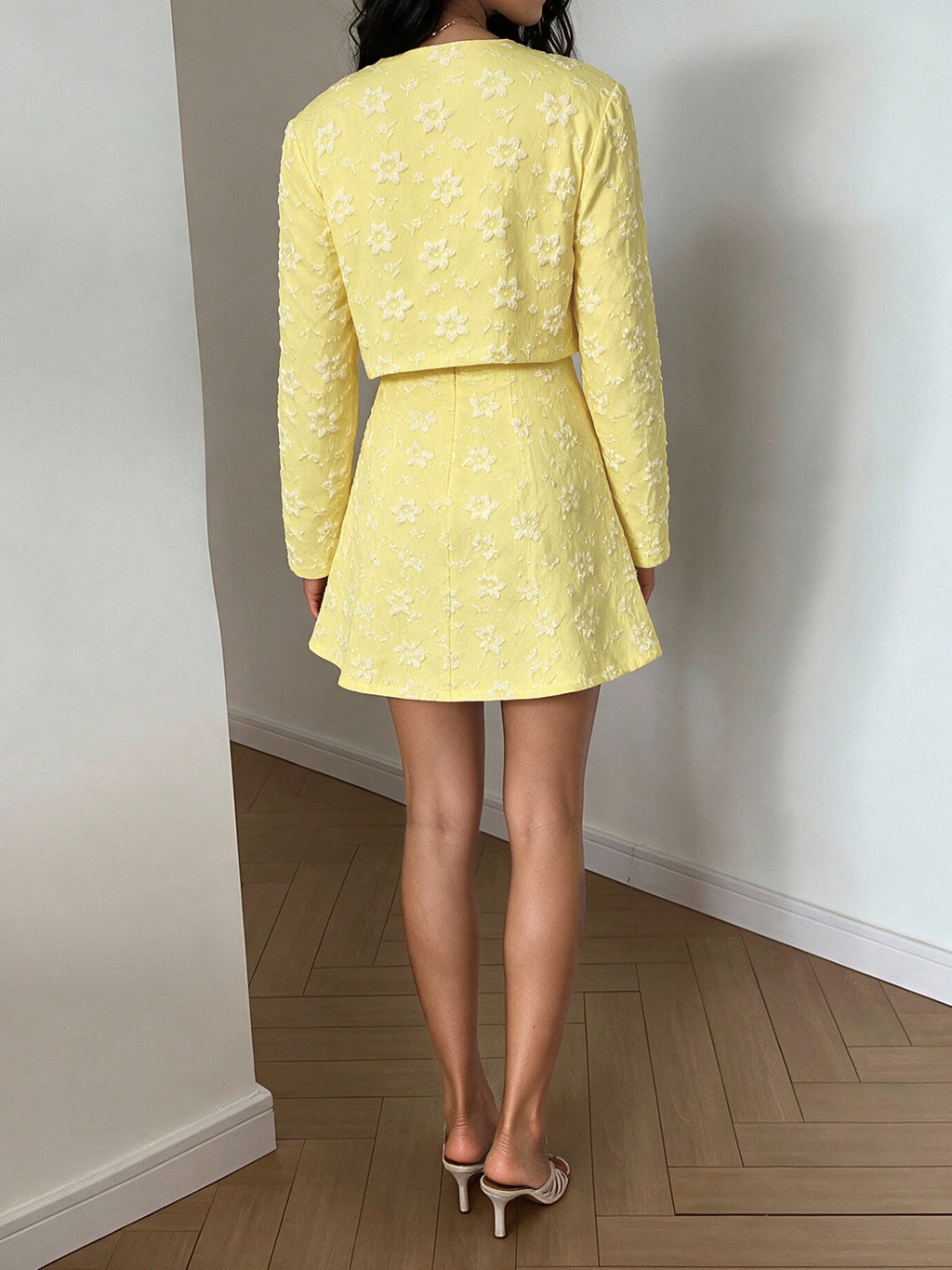 Yellow Floral Jacquard Mini Dress With Cropped Jacket - Yellow - 3