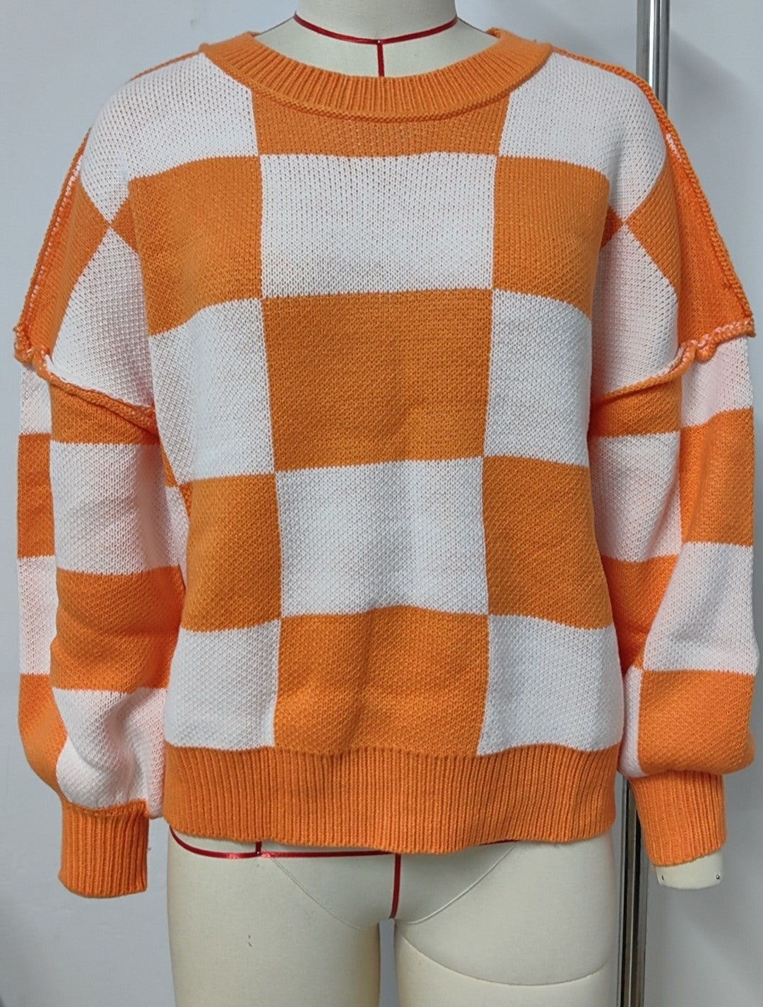 Checkerboard Colorblock Drop Shoulder Knit Sweater - Orange
