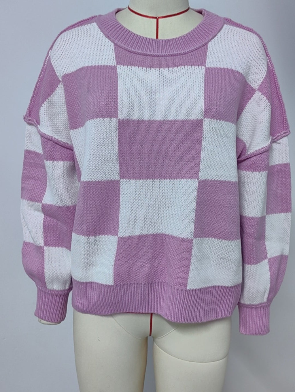 Checkerboard Colorblock Drop Shoulder Knit Sweater - Purple