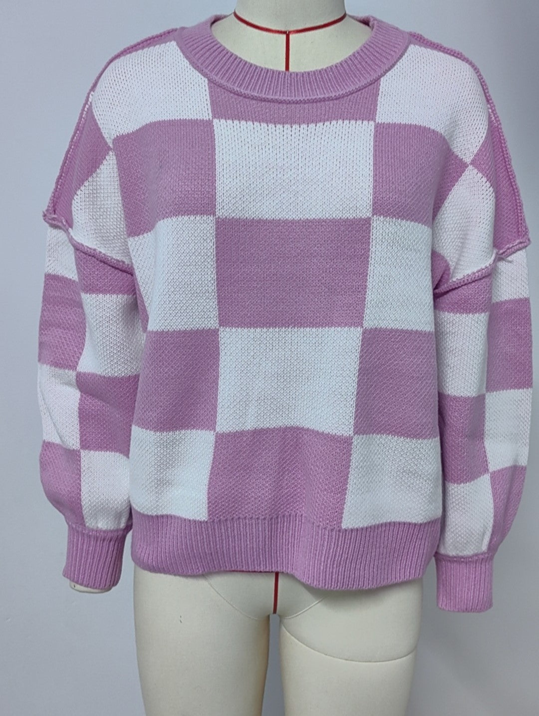 Checkerboard Colorblock Drop Shoulder Knit Sweater - Purple