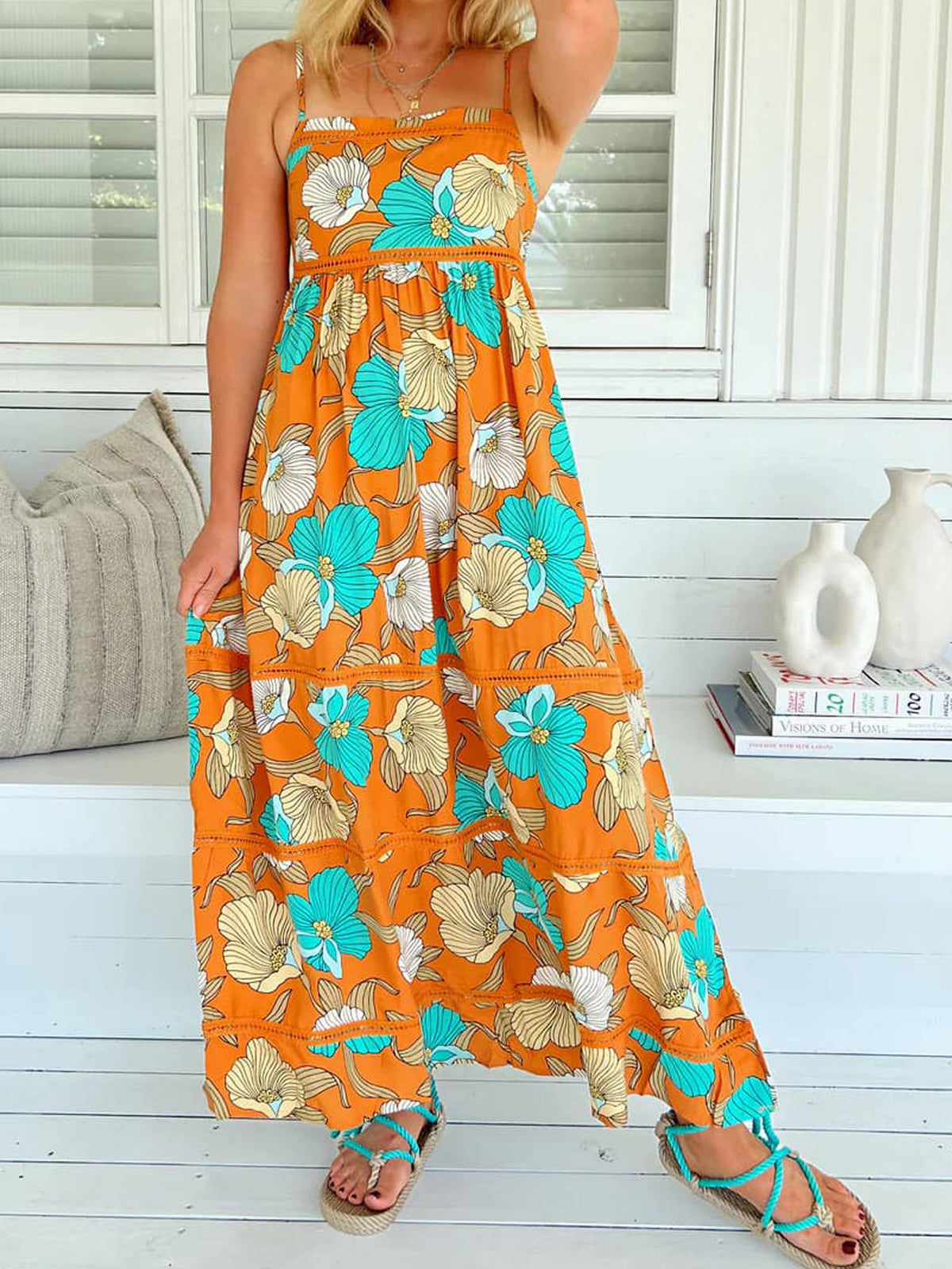 Bold Floral Smocked Tiered Maxi Dress - Orange