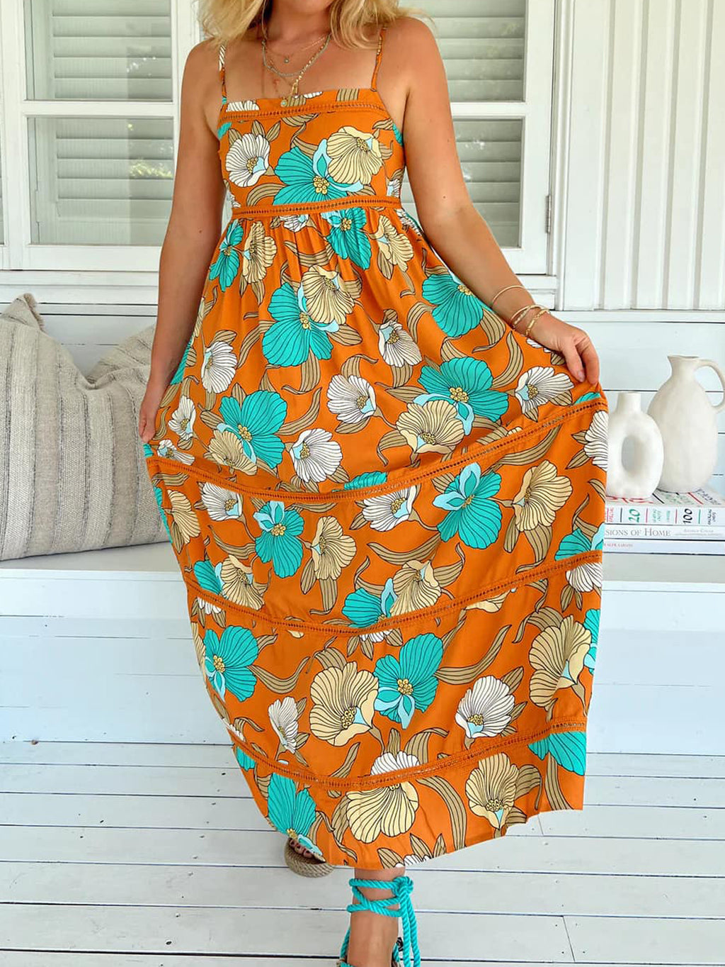 Bold Floral Smocked Tiered Maxi Dress - Orange - 1