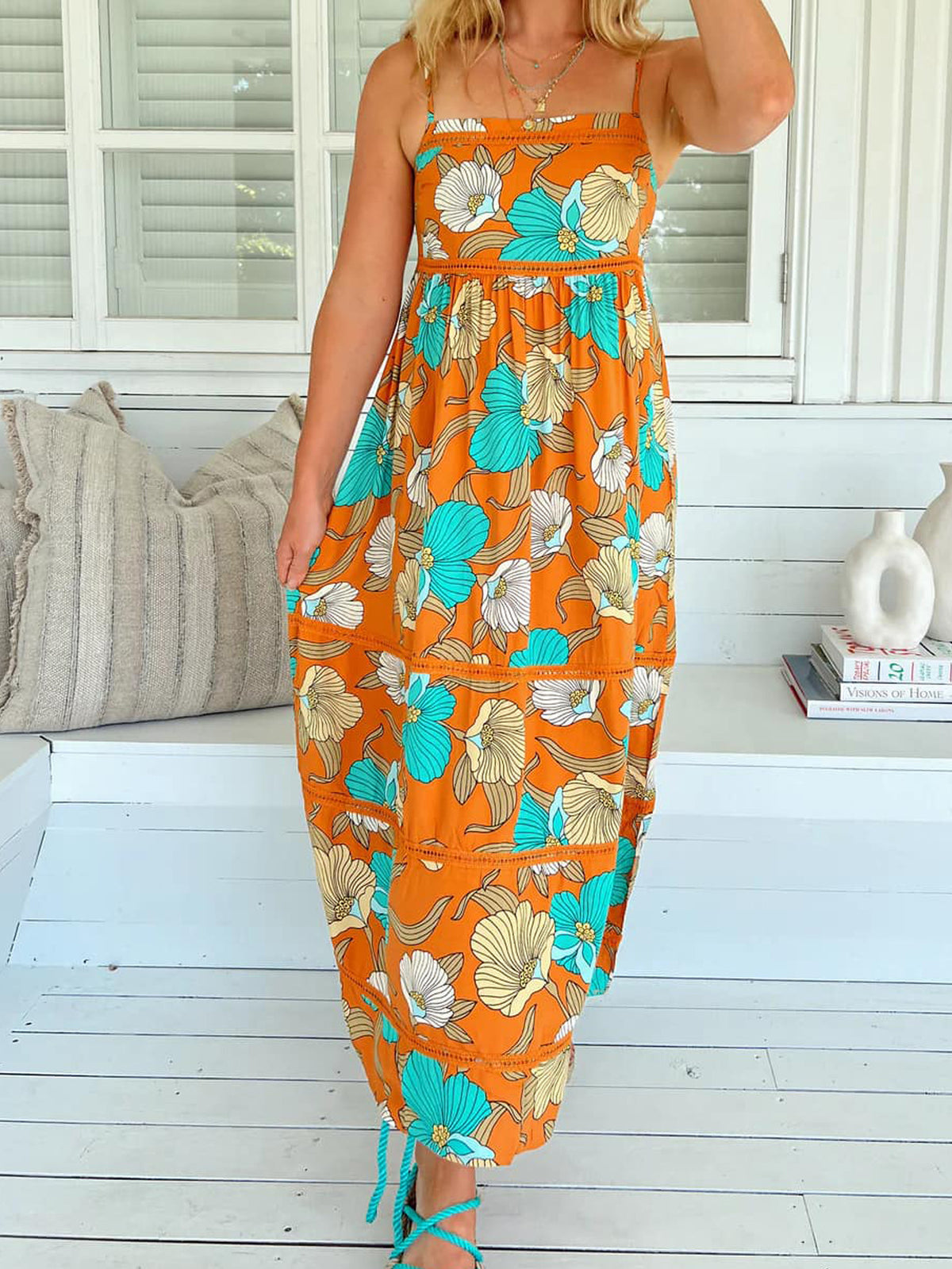 Bold Floral Smocked Tiered Maxi Dress - Orange - 2