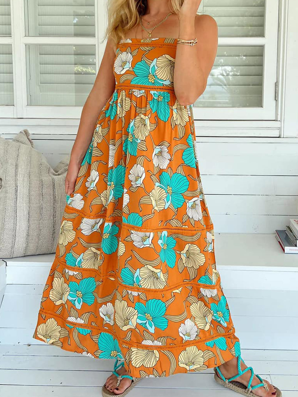 Bold Floral Smocked Tiered Maxi Dress - Orange - 3