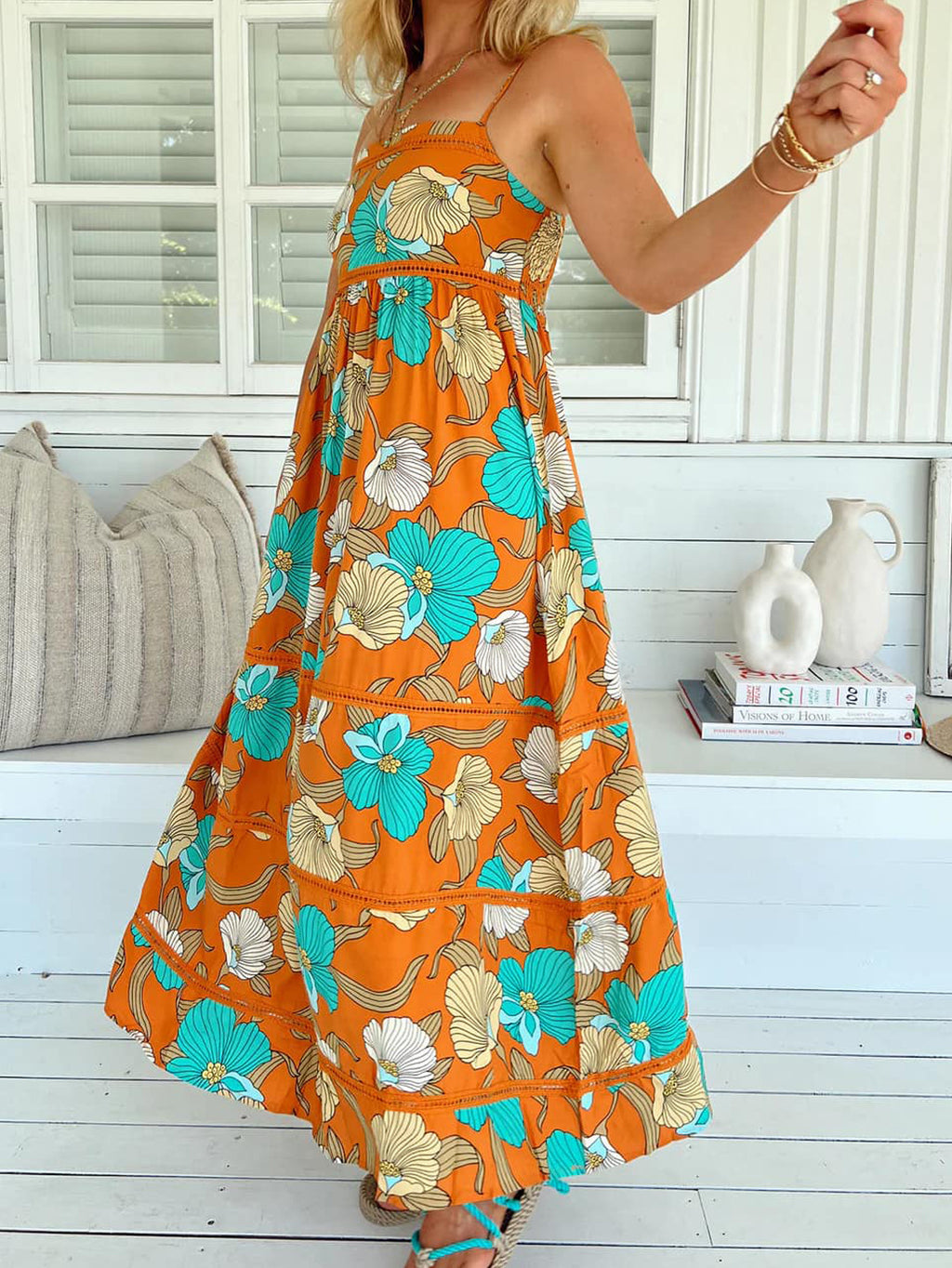 Bold Floral Smocked Tiered Maxi Dress - Orange - 4