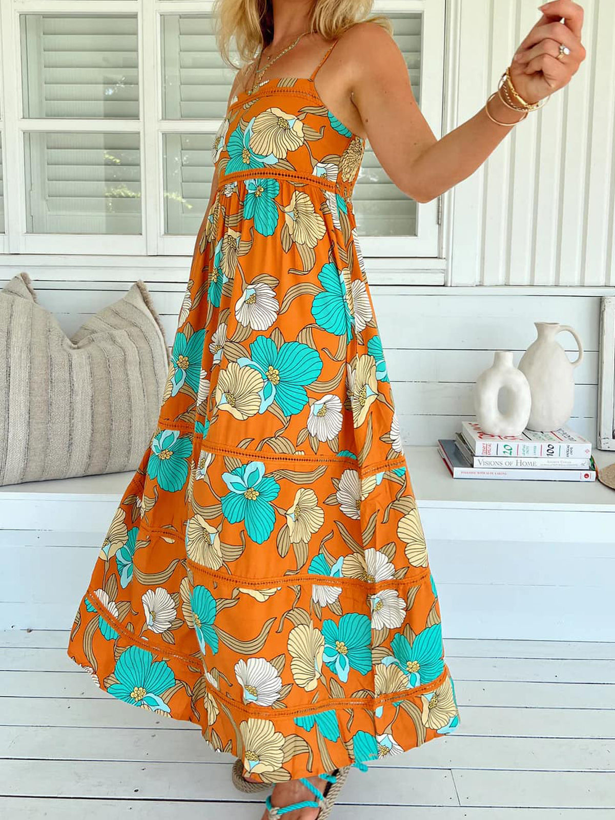 Bold Floral Smocked Tiered Maxi Dress - Orange - 4