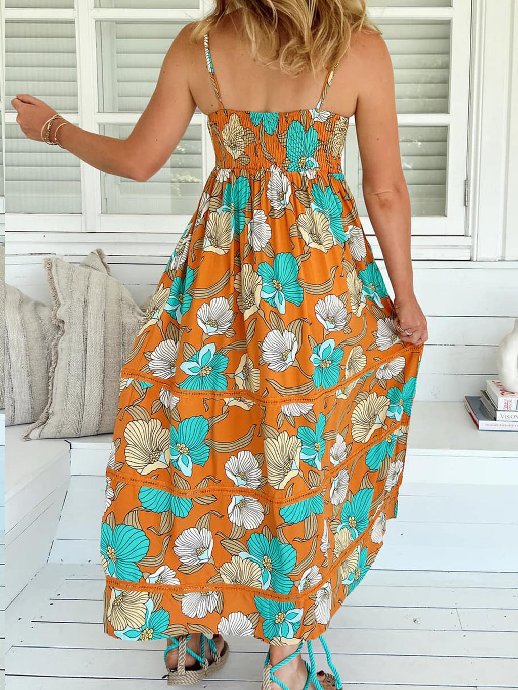 Bold Floral Smocked Tiered Maxi Dress - Orange - 5