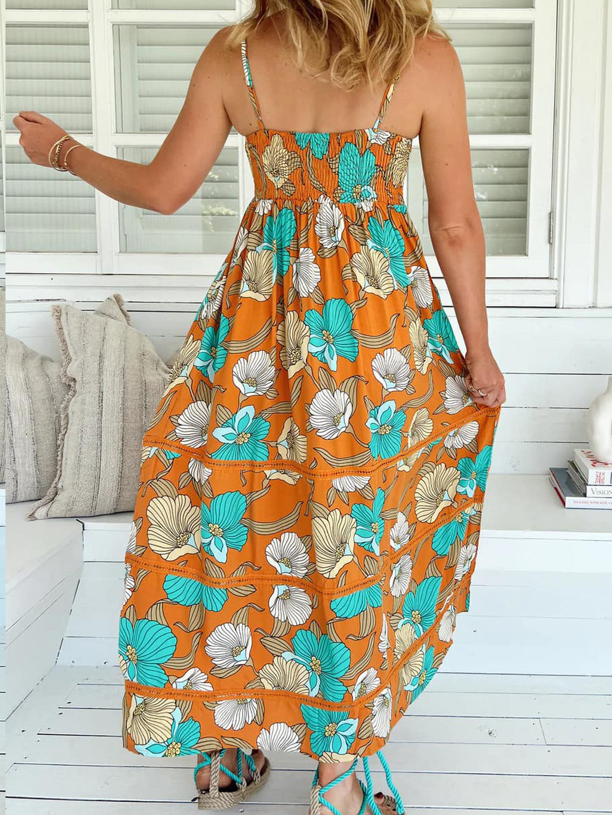 Bold Floral Smocked Tiered Maxi Dress - Orange - 5