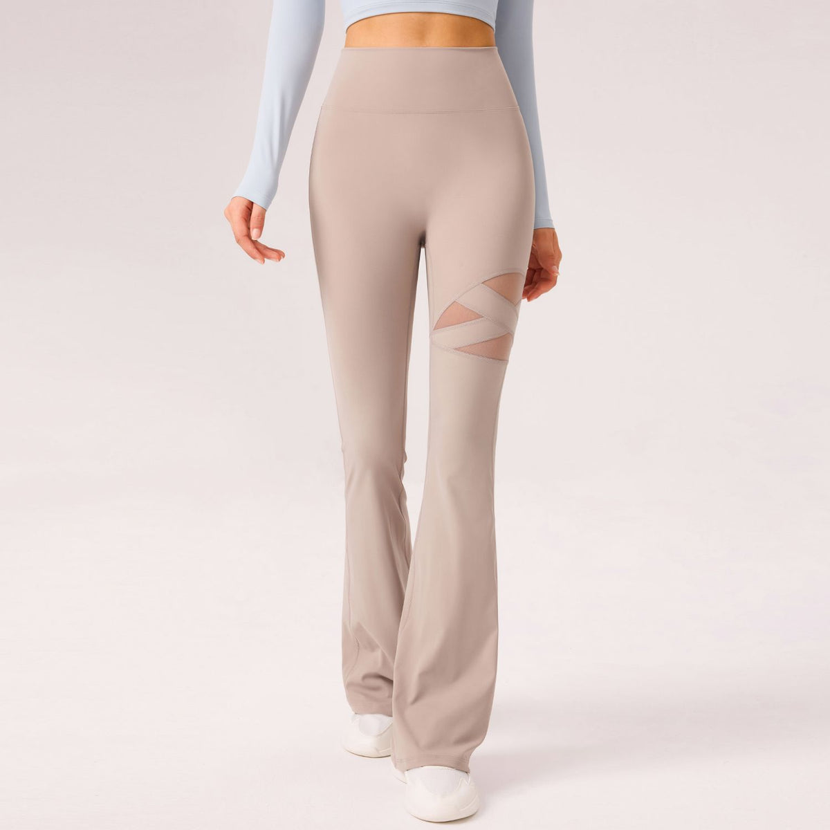 High Waist Mesh Panel Flare Yoga Pants - MilkCoffee