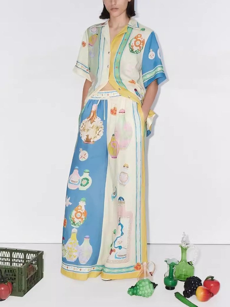Bottle Print Linen Blend Shirt and Pants Set - Decor
