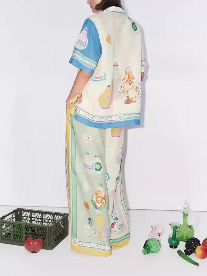 Bottle Print Linen Blend Shirt and Pants Set - Decor - 1