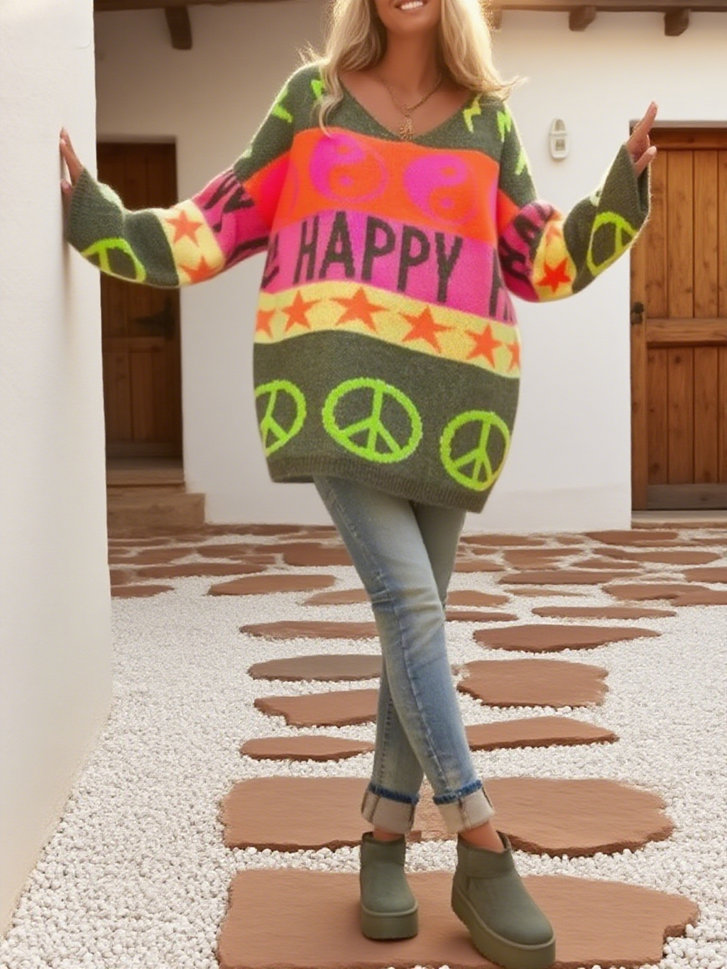 Oversized Graphic Peace Star Knit Sweater - Peace - 1
