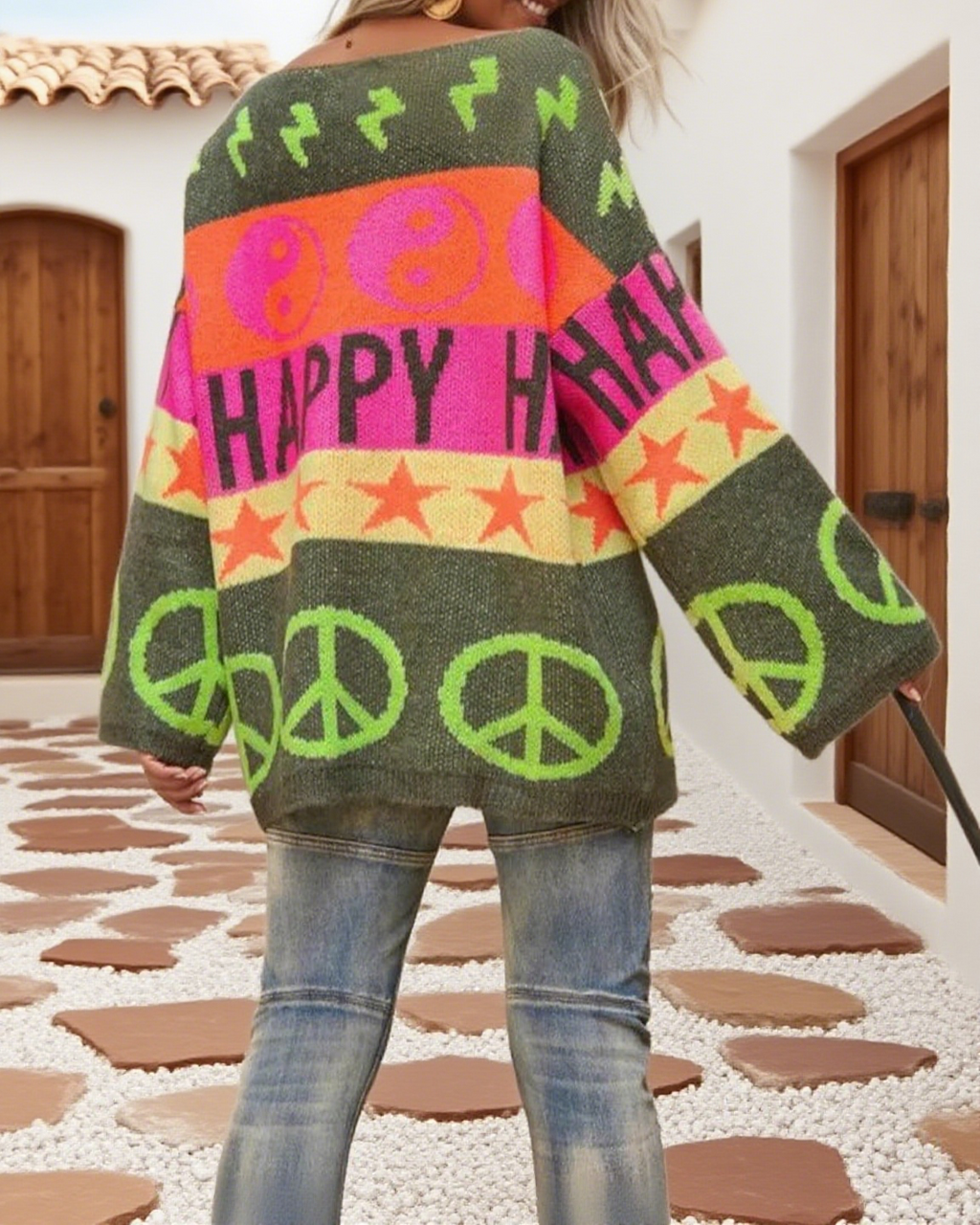 Oversized Graphic Peace Star Knit Sweater - Peace - 3