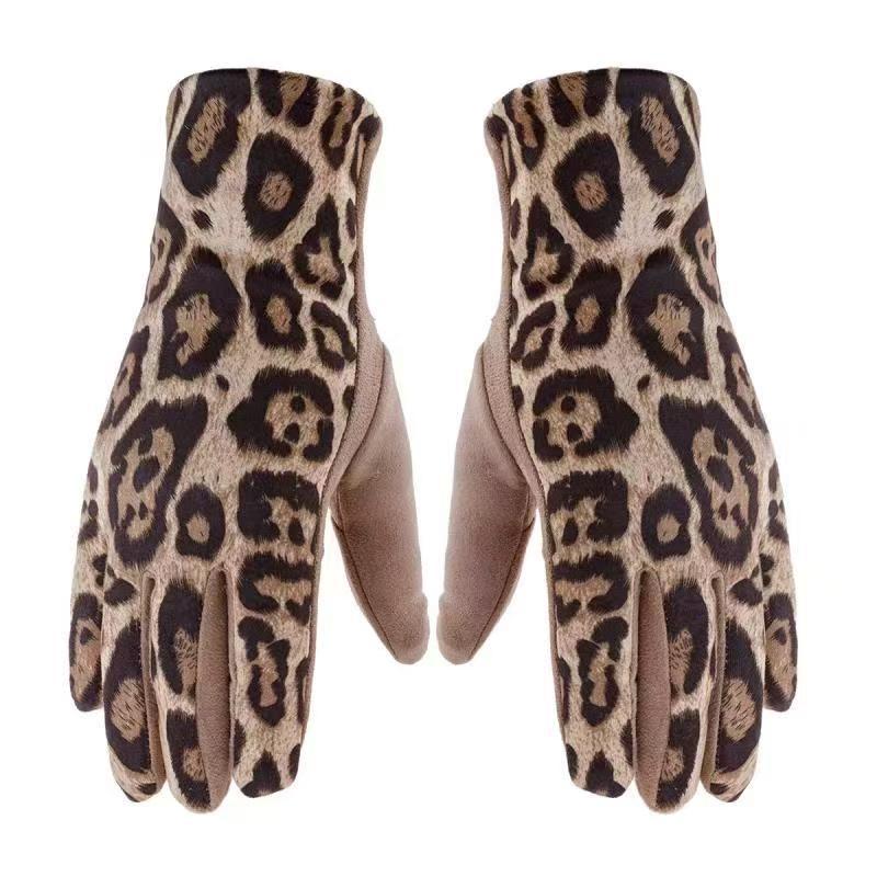 Fleece Lined Faux Suede Leopard Gloves - Khaki - 1