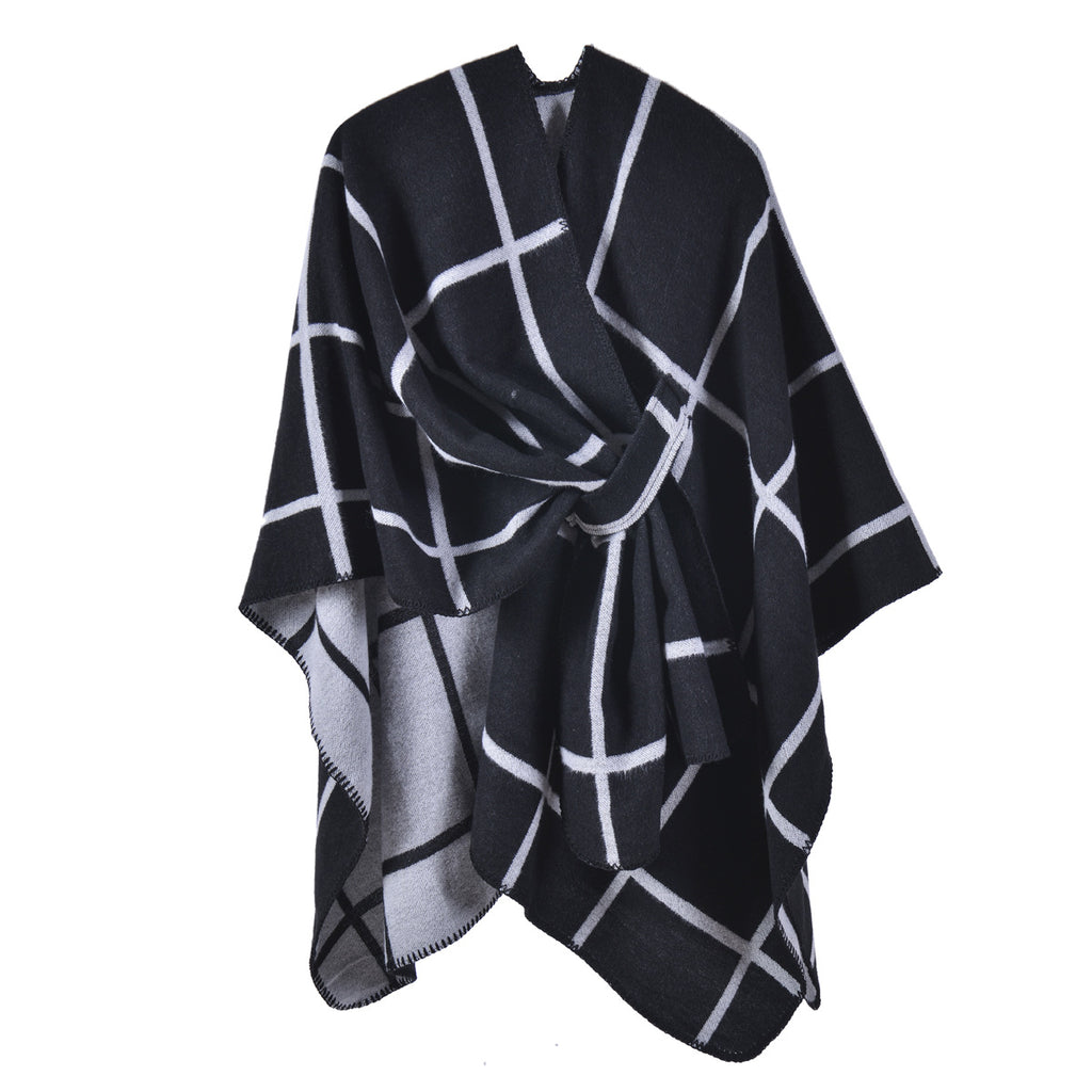 Windowpane Check Reversible Open Wrap - BLACK