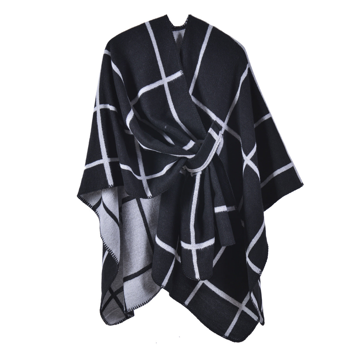 Windowpane Check Reversible Open Wrap - BLACK