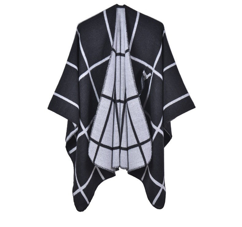 Windowpane Check Reversible Open Wrap - BLACK - 1