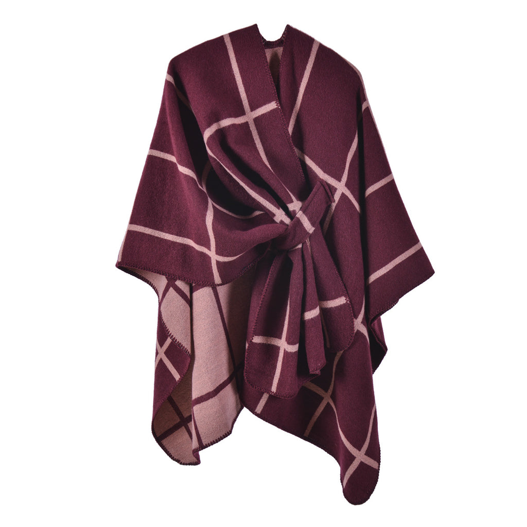 Windowpane Check Reversible Open Wrap - Burgundy