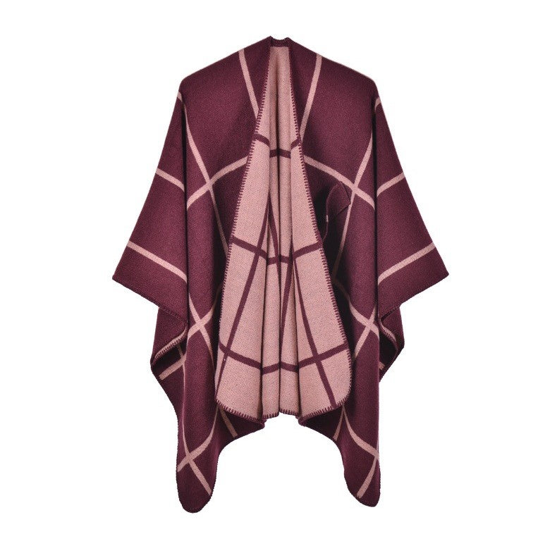 Windowpane Check Reversible Open Wrap - Burgundy - 1