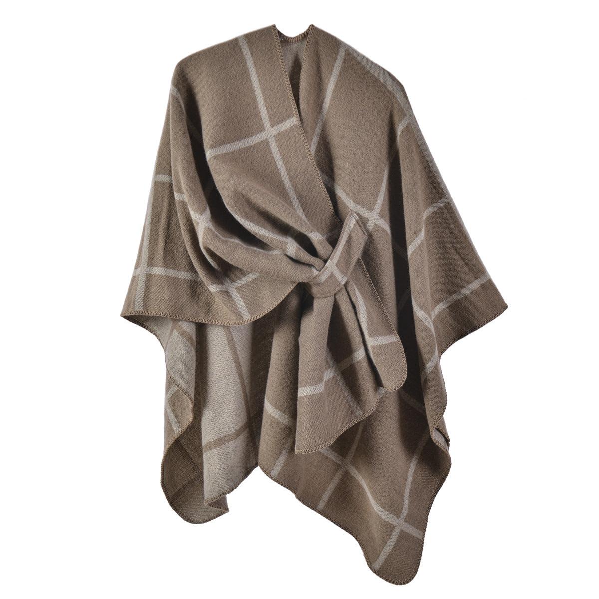 Windowpane Check Reversible Open Wrap - Khaki