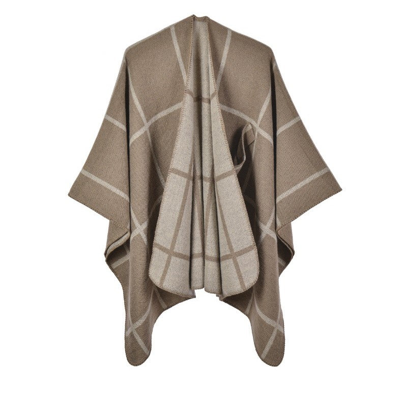Windowpane Check Reversible Open Wrap - Khaki - 1