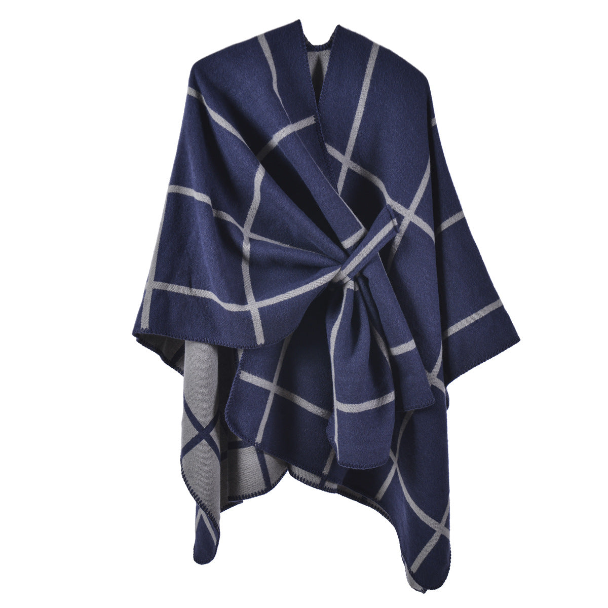 Windowpane Check Reversible Open Wrap - NAVY