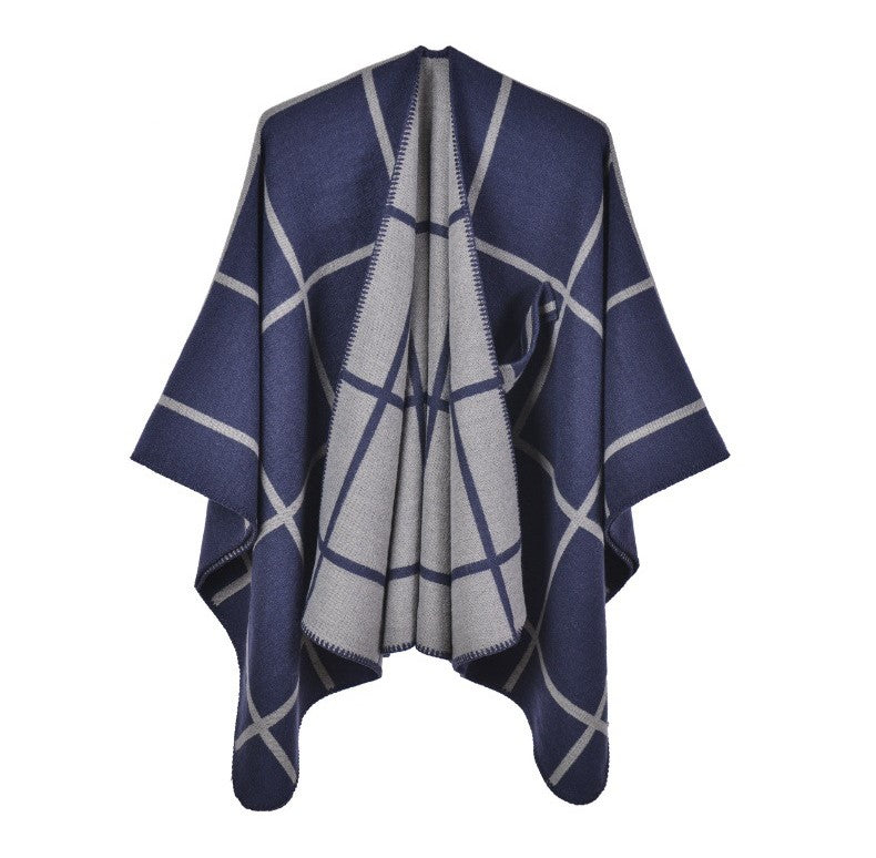 Windowpane Check Reversible Open Wrap - NAVY - 1