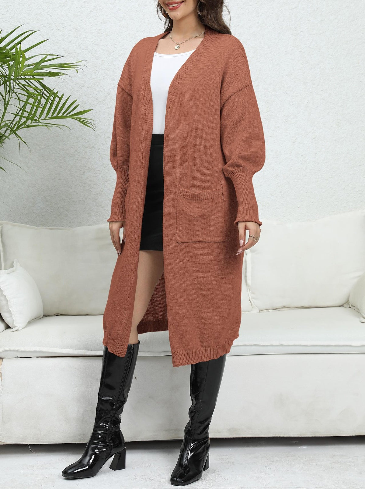 Maxi Length Balloon Sleeve Duster Cardigan - Coffee