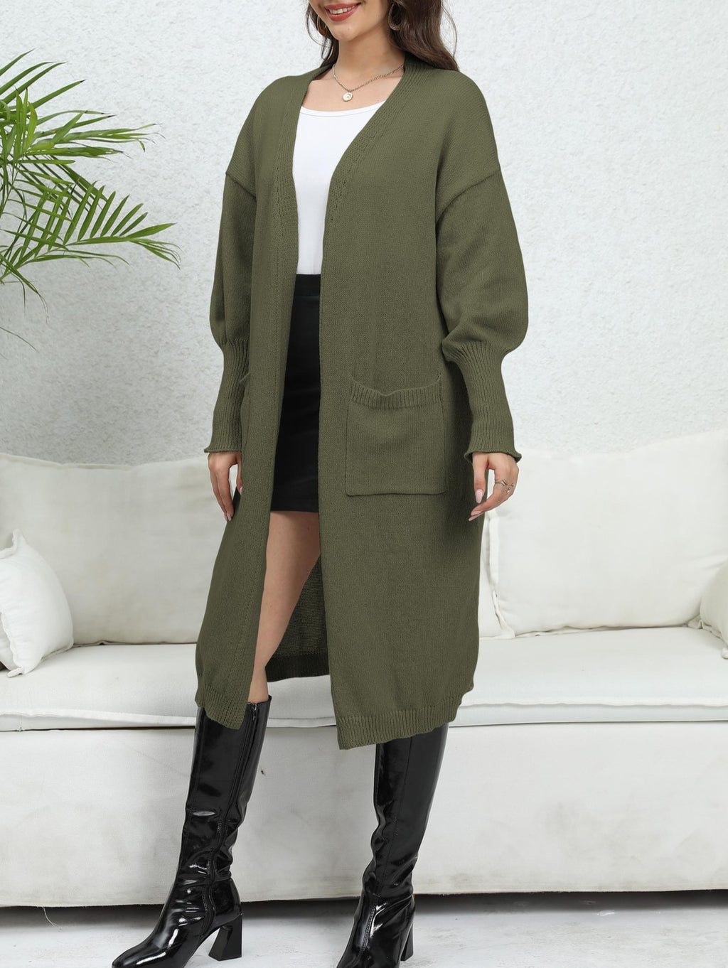 Maxi Length Balloon Sleeve Duster Cardigan - Green