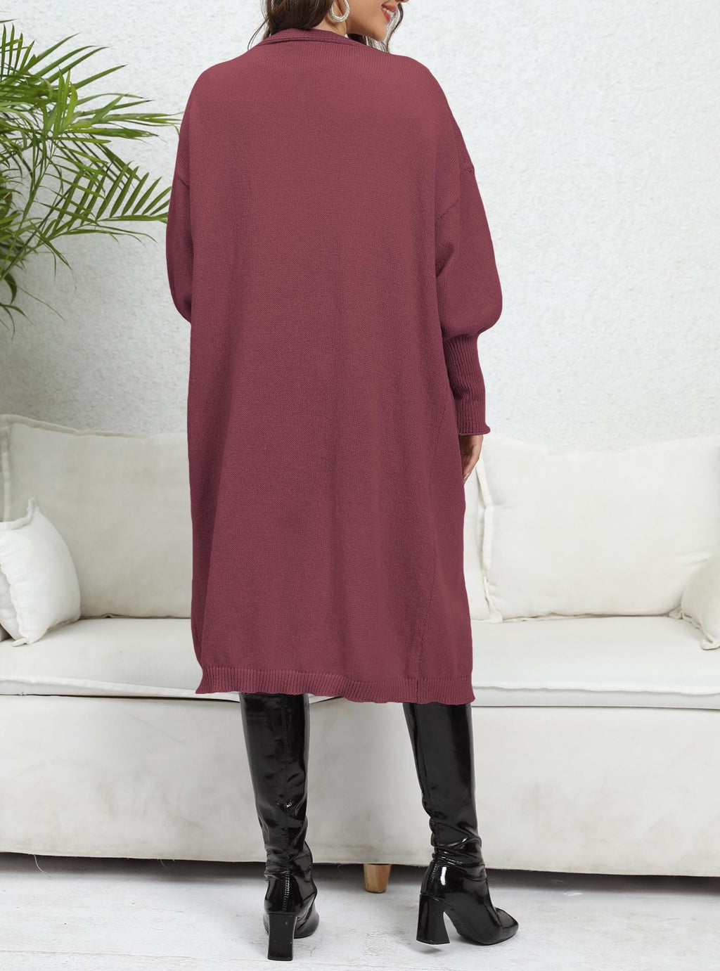 Maxi Length Balloon Sleeve Duster Cardigan - Winered - 1