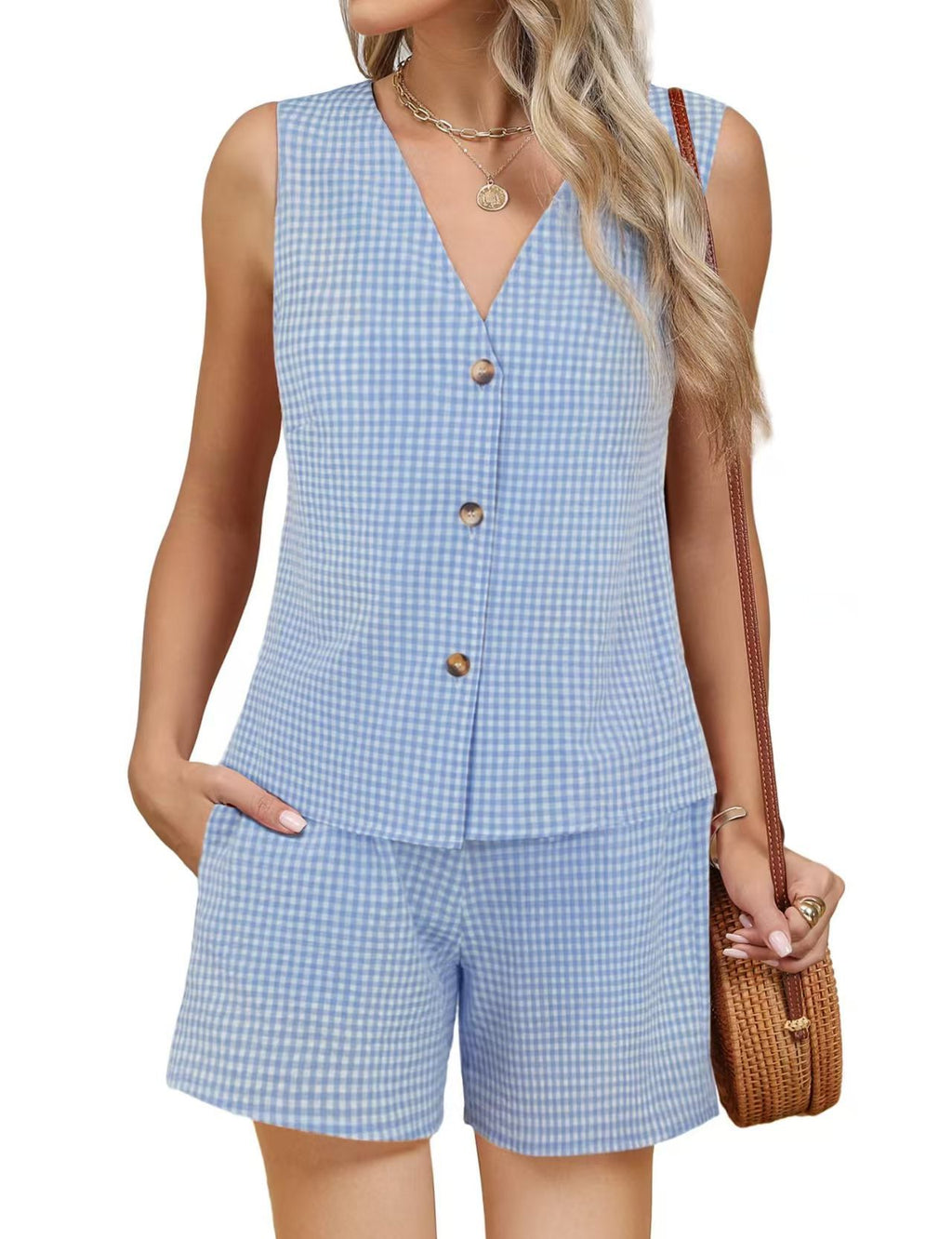 Gingham Check Button Vest And Shorts Set - Blue