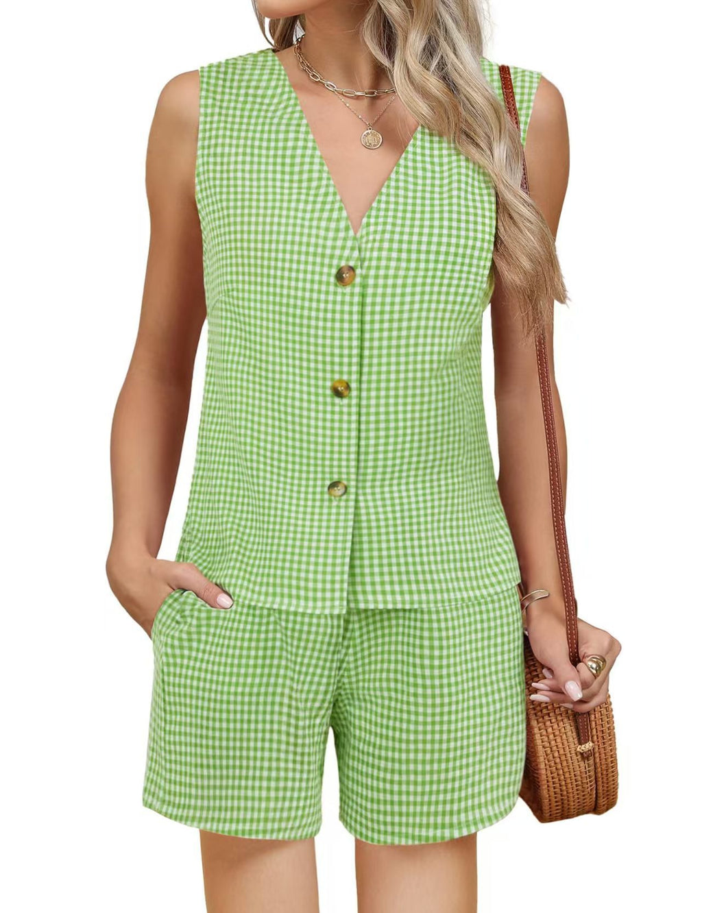 Gingham Check Button Vest And Shorts Set - Green