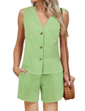 Gingham Check Button Vest And Shorts Set - Green