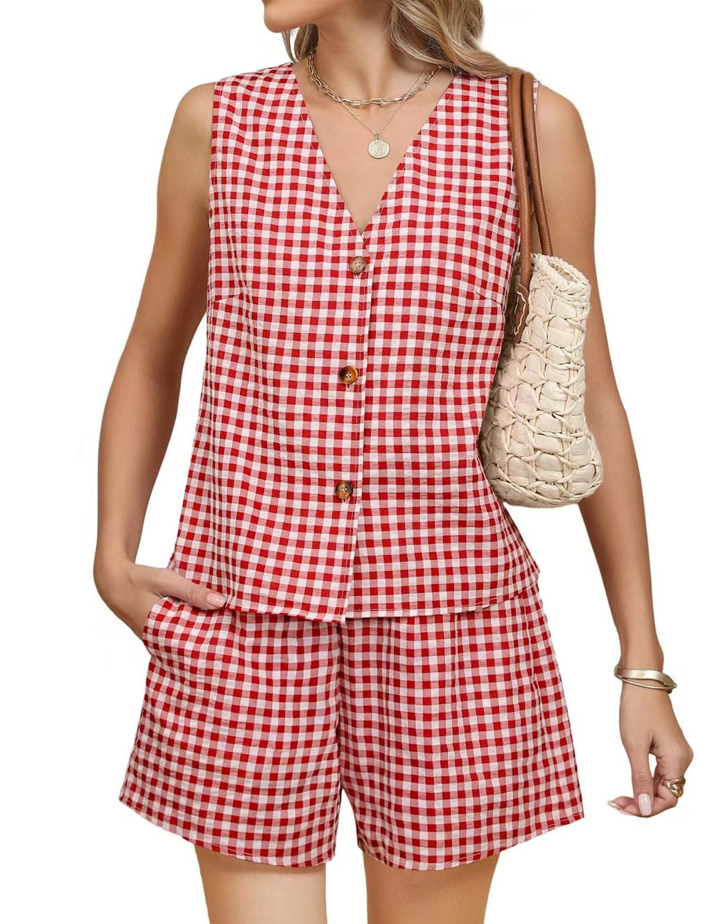 Gingham Check Button Vest And Shorts Set - Red