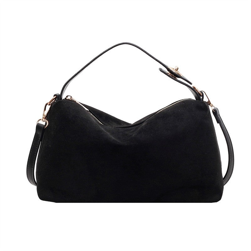 Faux Suede Boston Bag With Shoulder Strap - Black
