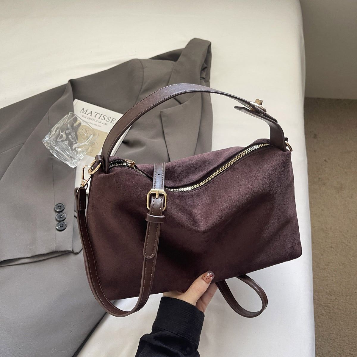 Faux Suede Boston Bag With Shoulder Strap - Dark Brown
