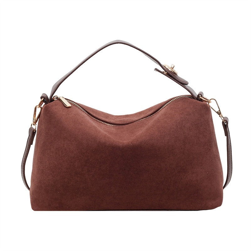 Faux Suede Boston Bag With Shoulder Strap - Mocha