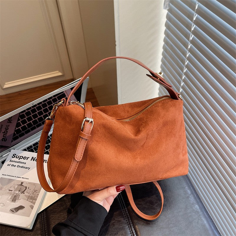 Faux Suede Boston Bag With Shoulder Strap