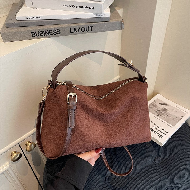 Faux Suede Boston Bag With Shoulder Strap