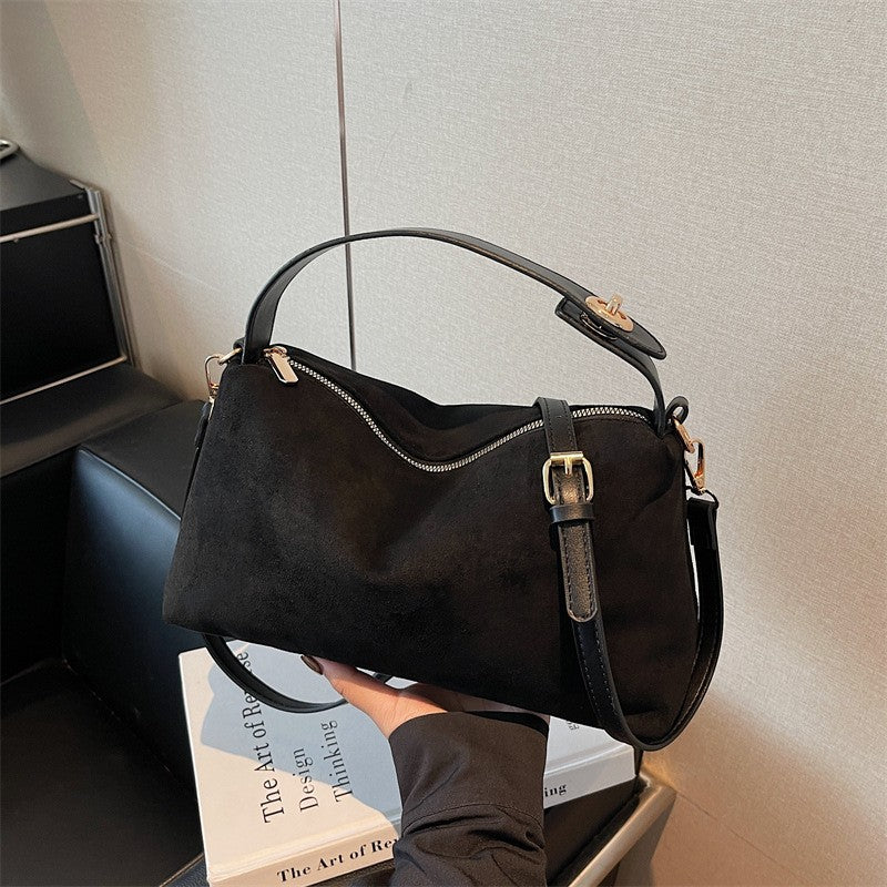 Faux Suede Boston Bag With Shoulder Strap