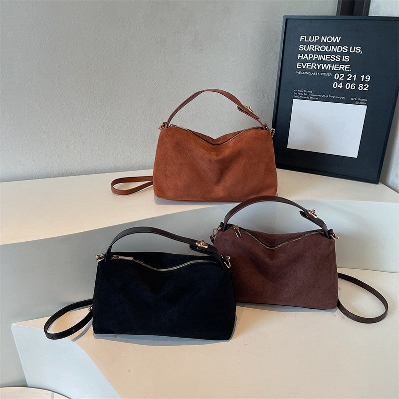 Faux Suede Boston Bag With Shoulder Strap