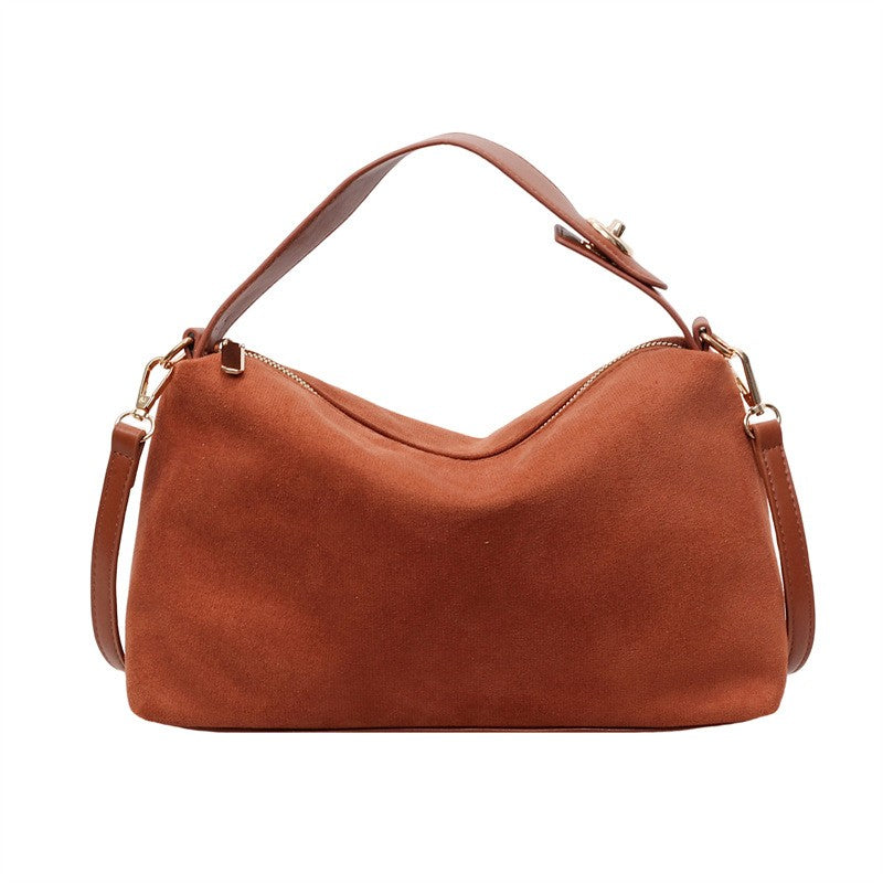 Faux Suede Boston Bag With Shoulder Strap