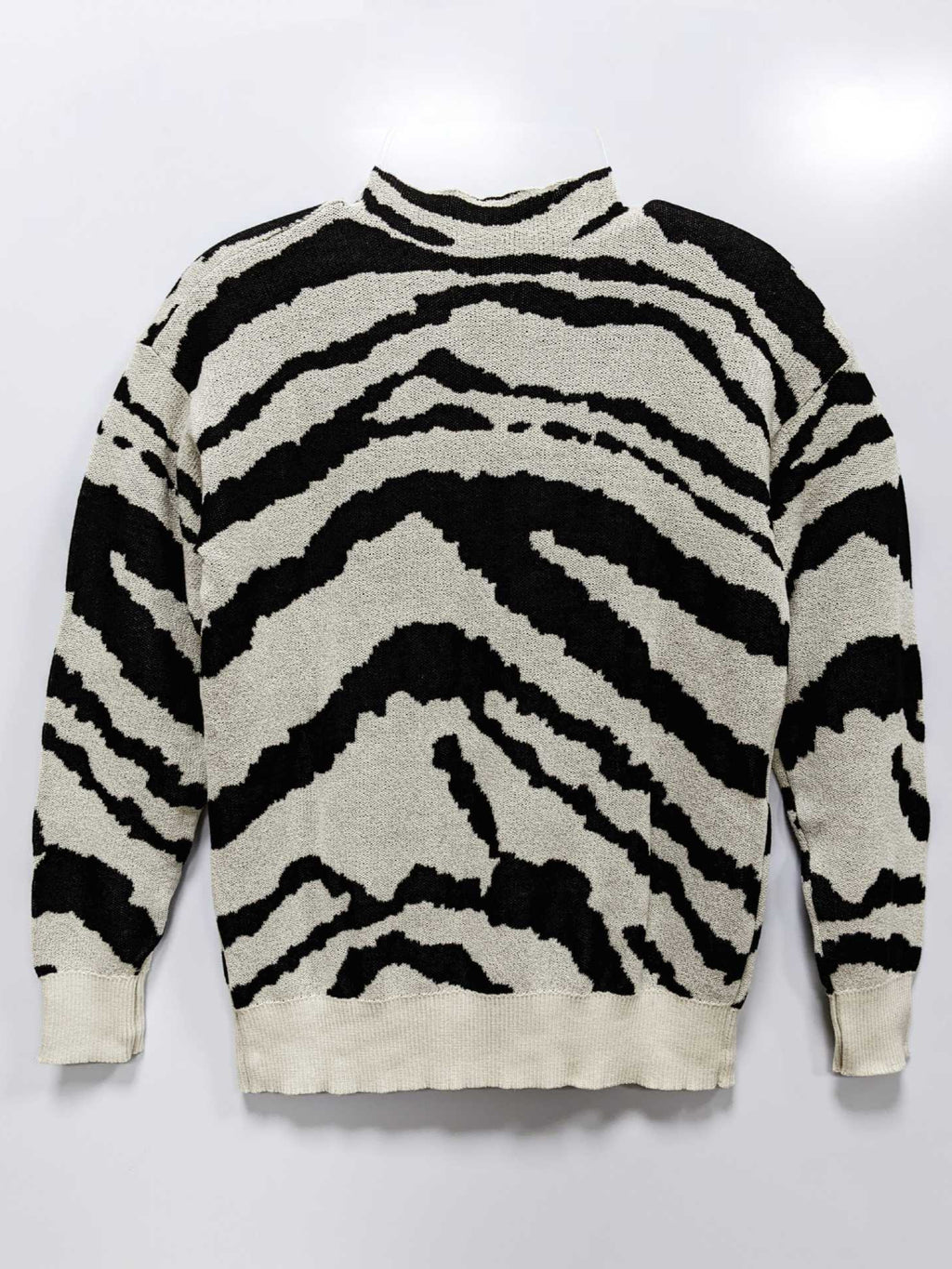 Zebra Stripe Jacquard Mock Neck Sweater - Khaki - 1
