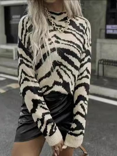 Zebra Stripe Jacquard Mock Neck Sweater - Khaki - 5