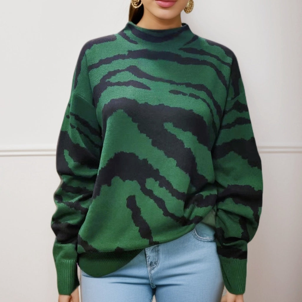 Zebra Stripe Jacquard Mock Neck Sweater - green