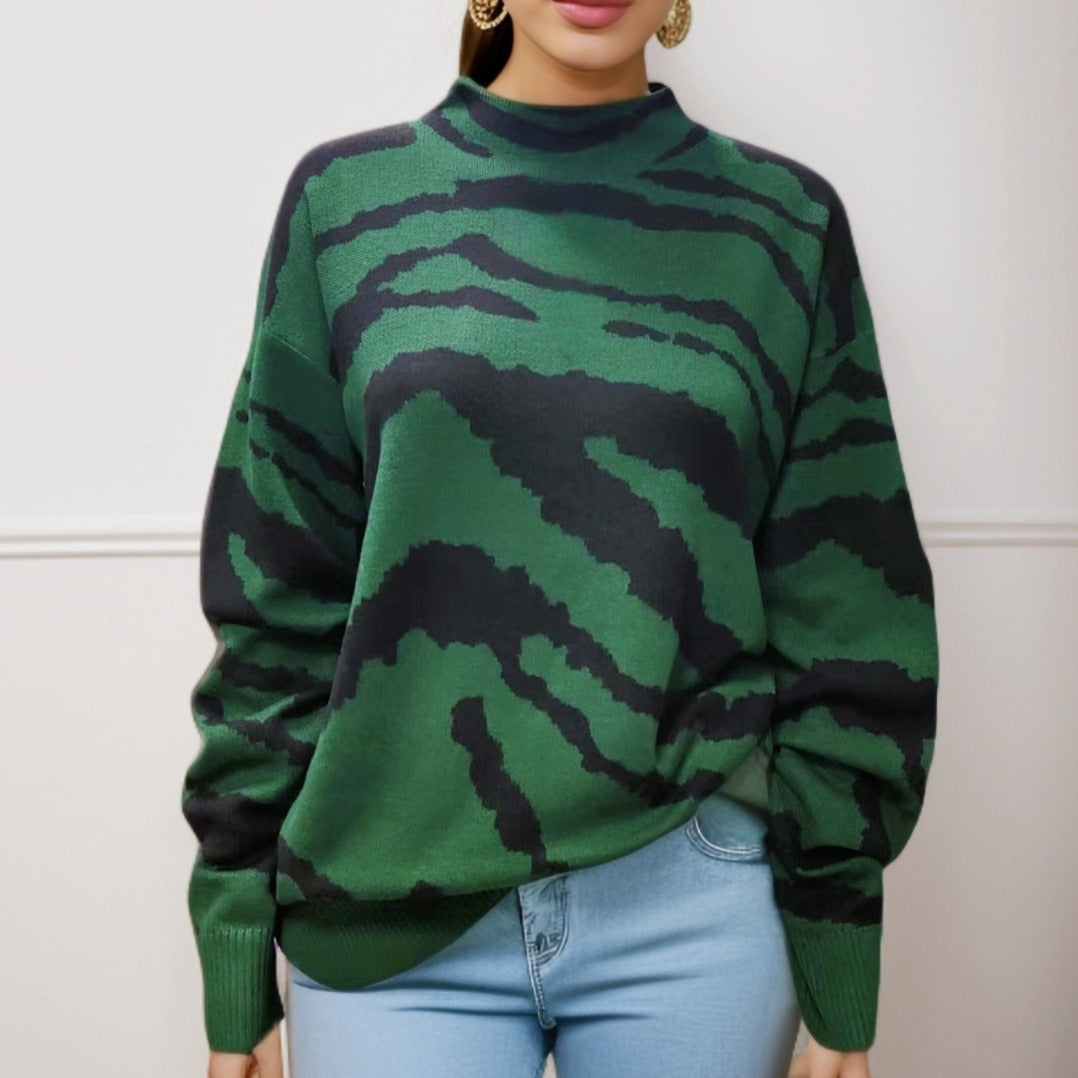 Zebra Stripe Jacquard Mock Neck Sweater - green