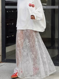 Embroidered Floral Lace Sheer Maxi Skirt - White
